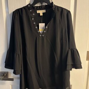 MICHAEL Michael Kors Black V-Neck Grommet Ruffle Sleeve Blouse